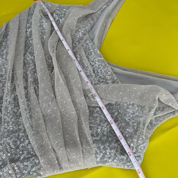 Express Sequin Mini Dress with Gathered Polka Dot Mesh Overlay, Size 0 - Picture 8 of 11